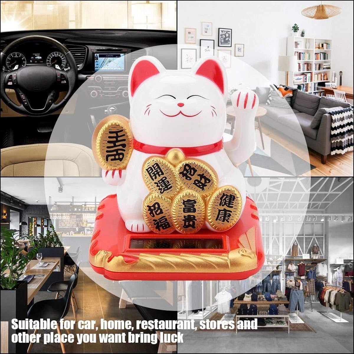 Lucky Cat Ornament - Mini Fortune Cat Solar Powered Welcome Shaking Arms Cat Adorable Shaking Good Luck Cat Decoration Home Car Store Gift (White)