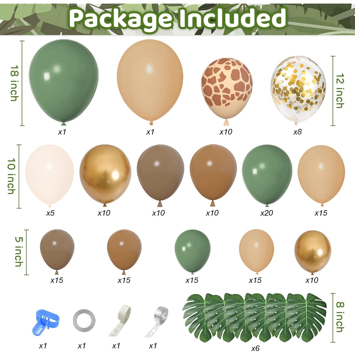 Jungle Safari Balloon Garland Kit, 170pcs Sage Green Brown Sand White Animal Print Balloons Palm Leaves Woodland Theme Safari Baby Shower Wedding Birthday Two Wild Ones Party Decorations