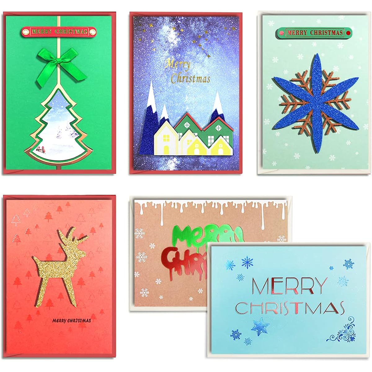 Handmade Boxed Christmas Cards 6 Patterns Shiny Snowflake Golden Moose Christmas Tree Metal Buckle (6 Cards with Envelopes and Snowflake Stickers)