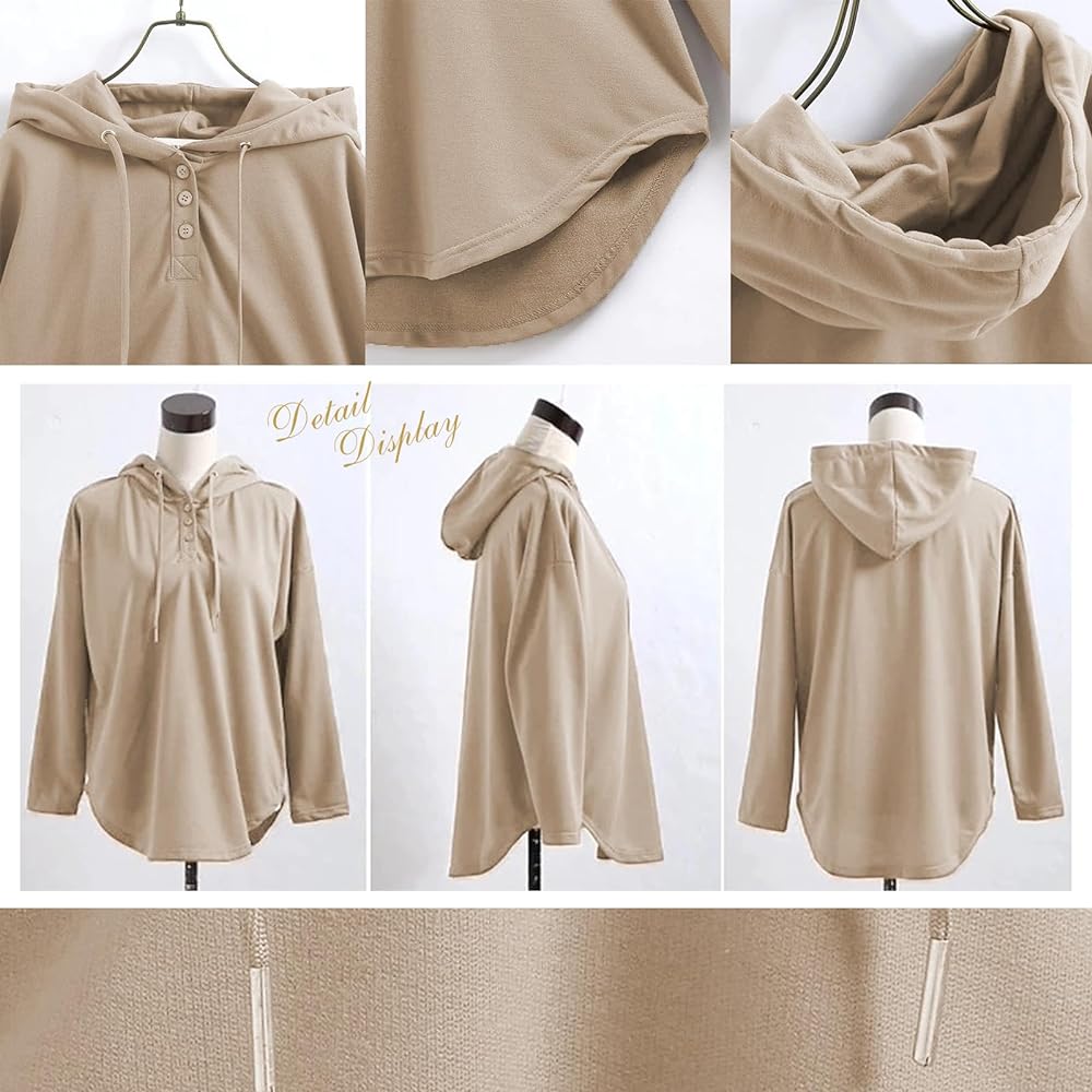 [Tamglean Quion] Women's Hoodie, Thin Hoodie, Plain, Long Sleeve, Autumn, Loose, Tops, Pullover T-shirt, Henley Neck, Cut and Sewn, Cotton, Asymmetrical, Front and Back Asymmetrical, Hooded, Covers Your Body Shape, Sporty, Spring