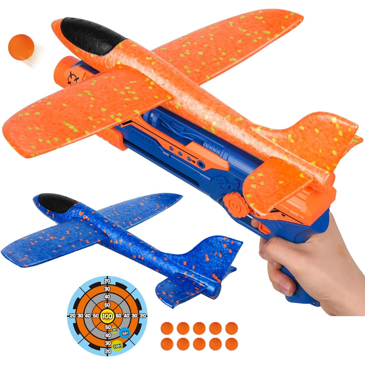 TOY Life Airplane Launcher Toy Foam Airplane Glider for Kids 2 Pack Airplane Gun Launcher Airplane Launcher 2 Flight Modes Catapult Shooting Game for Kids Digital Shooting Target for Boys