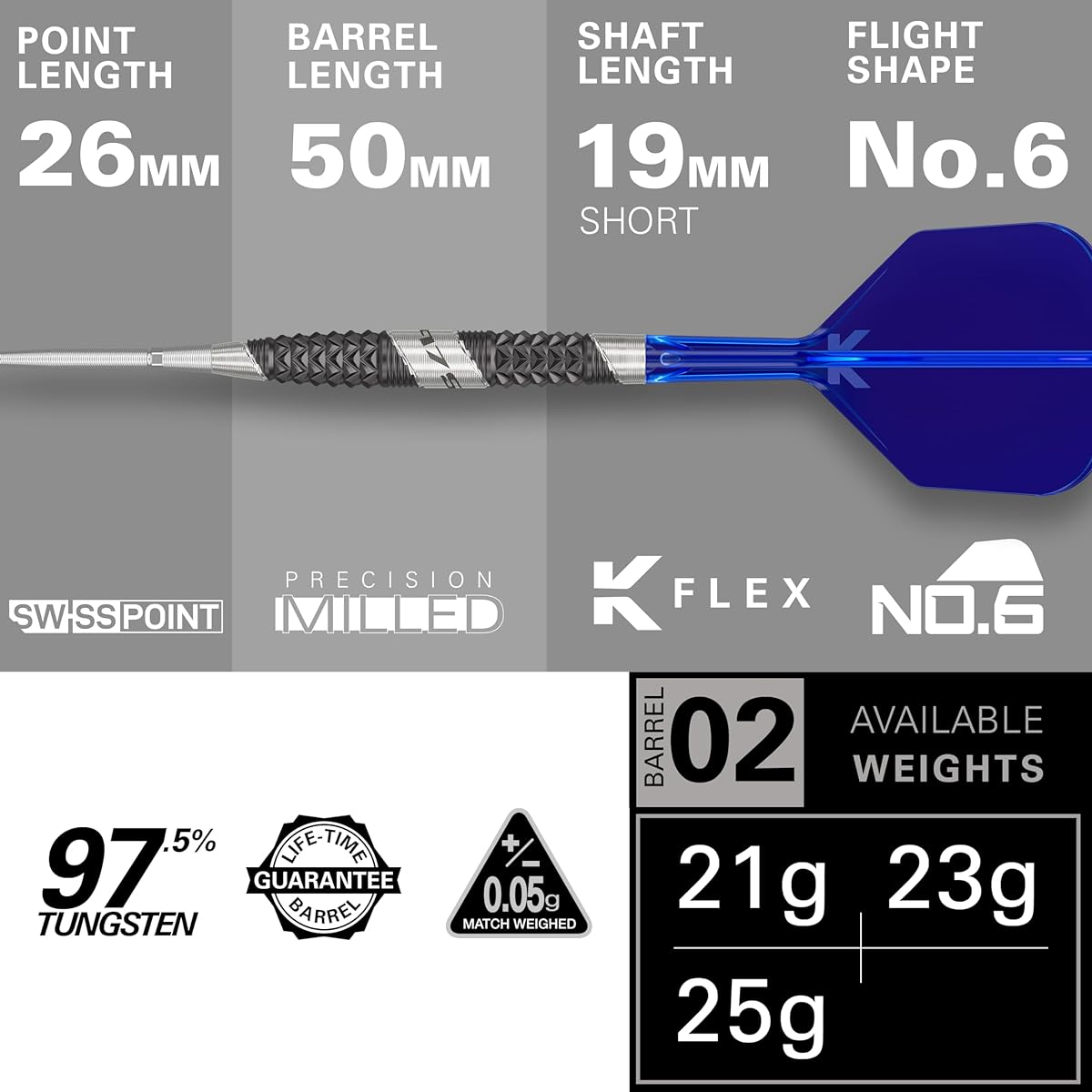 Target Darts 975 Ultramarine 02 23G Tungsten 97.5% Swiss Point Steel Tip Dart Set with K-Flex