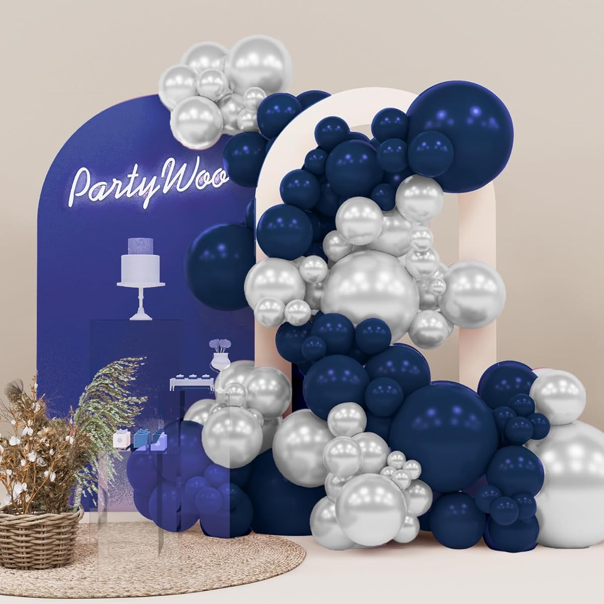 PartyWoo Blue Silver Balloons 140pcs Navy Blue Silver Different Size 18inch 12inch 10inch 5inch Balloon Garland for Arch Birthday Decorations Party Decorations