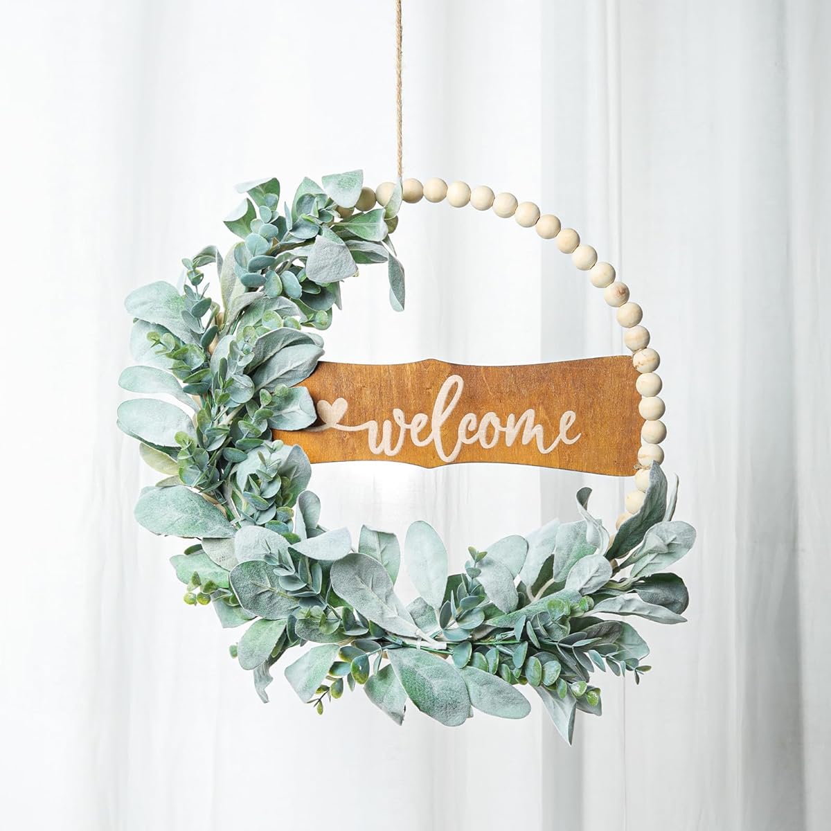 SWTHONY 16" Green Lamb's Ear Welcome Wreath for Front Door, Spring Summer Boho Wood Bead Green Eucalyptus Door Wreath with Welcome Sign, Indoor and Outdoor Decor, Faux Hanging Wall Plants