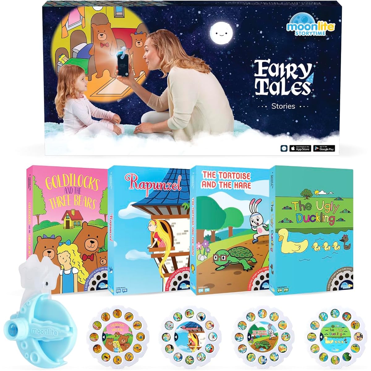 Moonlite Storytime Mini Projector, 4 Fairy Tale Stories, The Magical Way to Read Together, Digital Storybook, Fun Sound Effects, Learning Toy, Ages 1+
