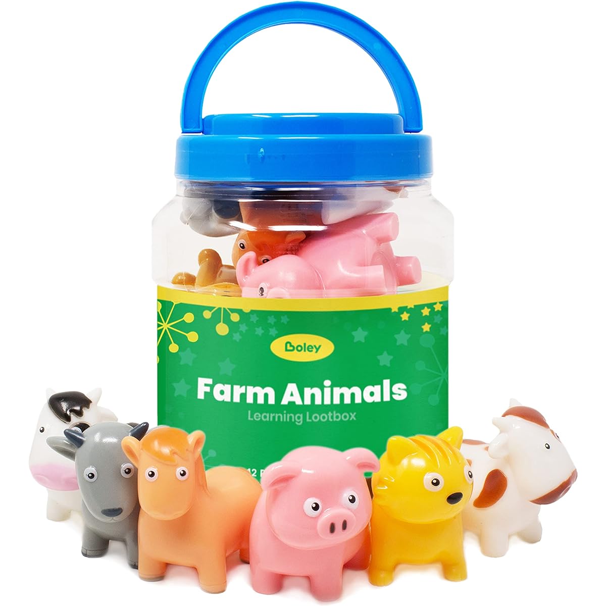 Boley Farm Animals in a Bathtub Bucket - 12 Farm Animal Toys Including Cows, Chickens, Pigs and More - Great Party Gifts for Toddlers as Educational Toys and Bath Toys