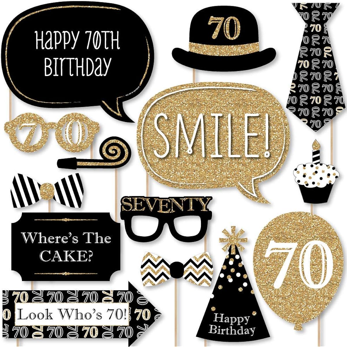 Adult 70th Birthday - Gold - Photo Booth Props Kit - 20 Count