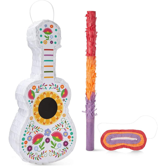 3 Piece Floral Guitar Pinata Bundle with Blindfold and Bat for Kids Birthday Party Cinco de Mayo (17 x 10 x 3 inches)