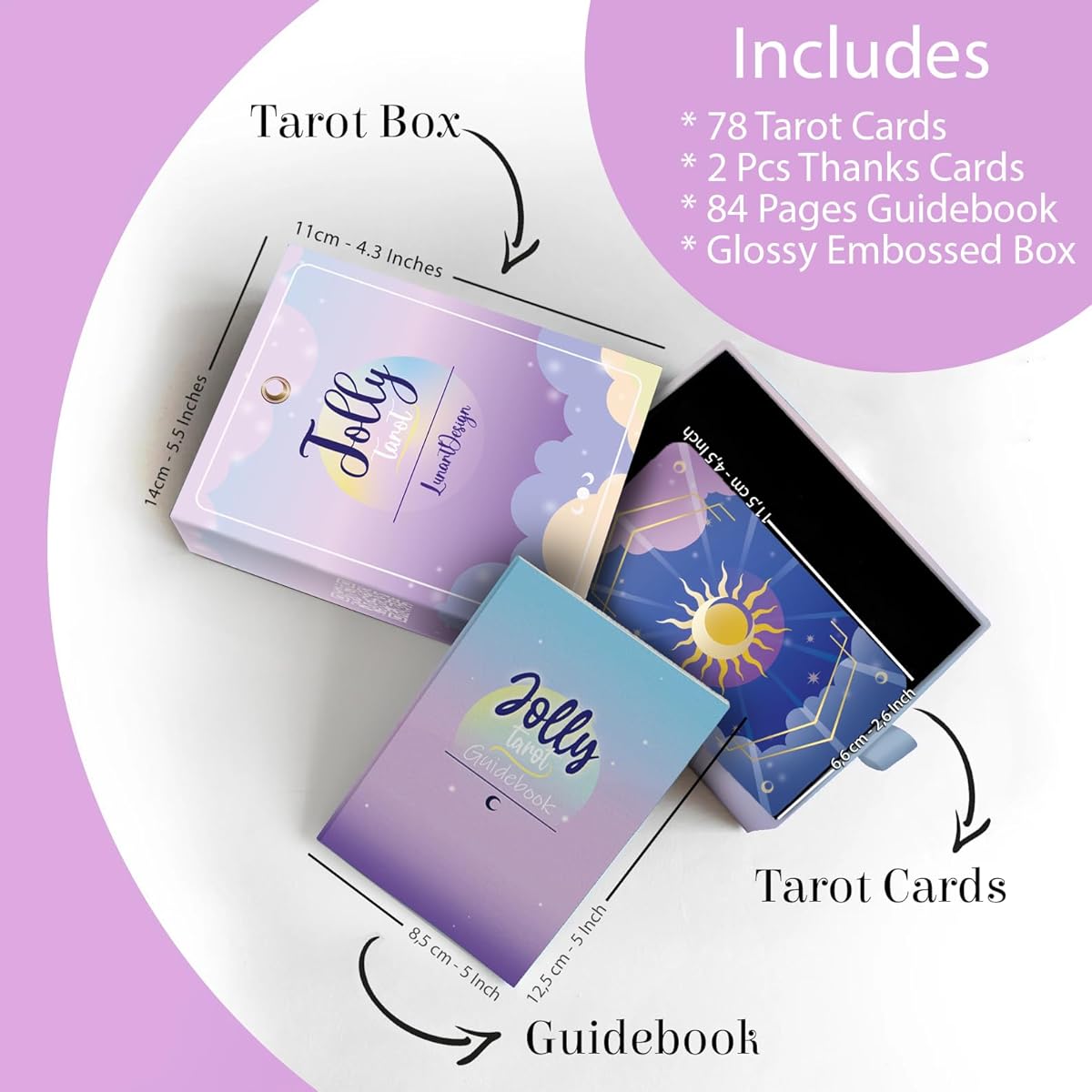 Lunart Design Jolly Tarot Deck with 78 cards and guidebook, packaged with natural stone supplements