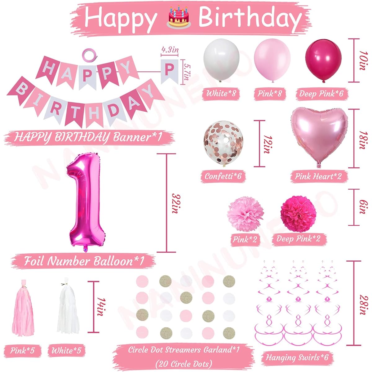 Sweet 1st Birthday Decorations for Baby Girl Pink and White 1 x Happy Birthday Balloon 1st Birthday Party Supplies for Daughter Her Kids with Pink Happy Birthday Banner Pink Number 1 Foil Balloon