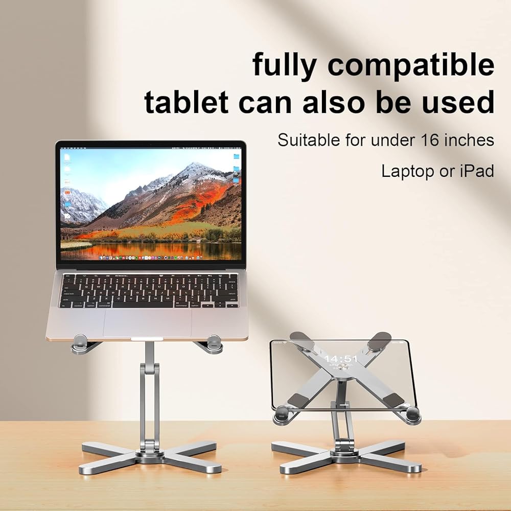 Laptop stand, PC stand, computer stand, foldable, 360° rotation, stepless angle/height adjustment, convenient to carry, ergonomics, stable, heat dissipation, improves posture, made of aluminum alloy, compatible with 17 inches or less (gray)