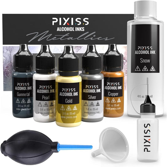 Metallic Alcohol Ink Set - Metal Color Alcohol Based Inks for Epoxy Resin Art - Concentrated Shimmer Alcohol Paint Color Dye for Resin - 4oz White Alcohol Ink - Pixiss Alcohol Ink Blower