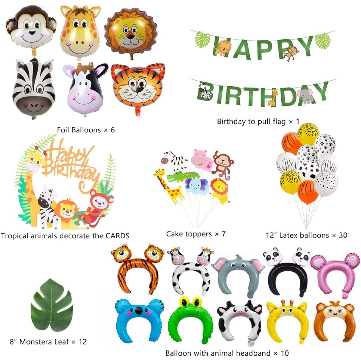61 Pieces Jungle Animal Birthday Decorations Tiger Balloon Giraffe Balloon Animal Cake Topper Decoration Jungle Theme Party Supplies Kids Birthday Weekend Banquet Christmas Halloween Party
