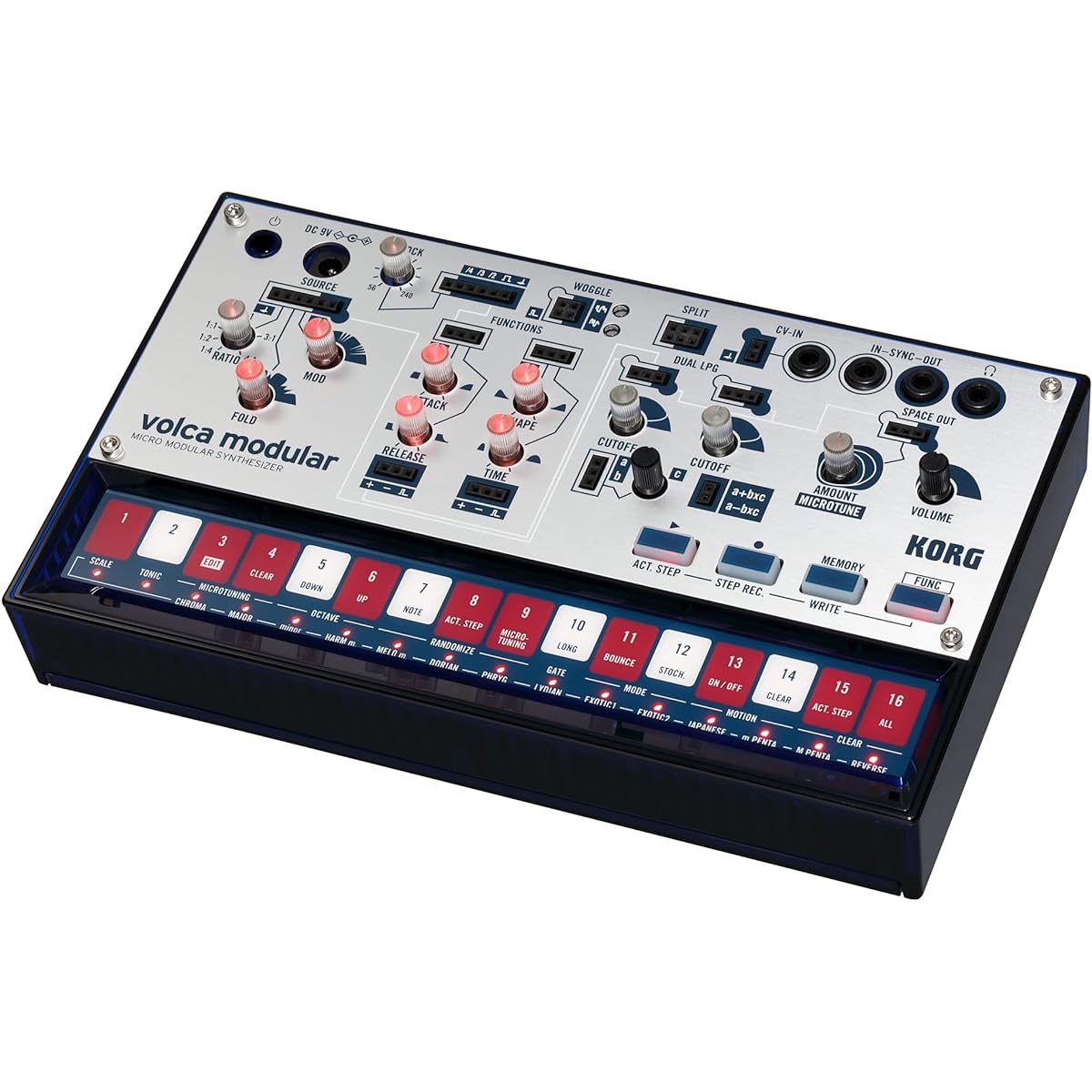 KORG modular synthesizer, volca modular, patching cable included, battery powered, built-in speaker, can be used with headphones, compact size that can be used anywhere