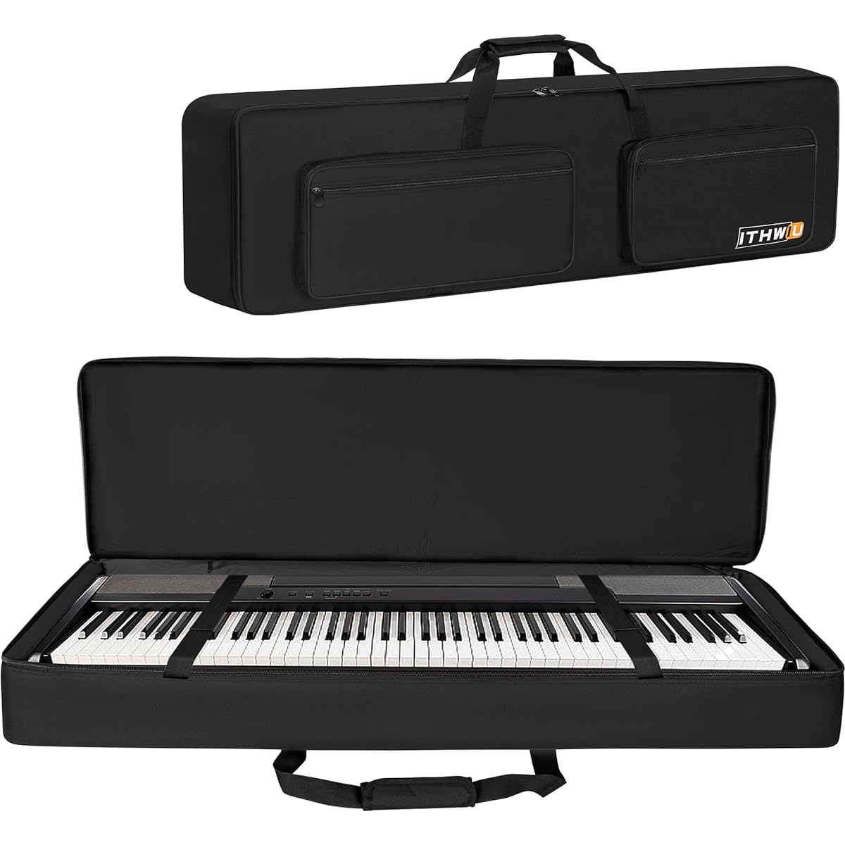 ITHWIU Keys Keyboard Case, Keyboard Gig Bag with Electric Piano Pad, Adjustable Strap and 5 Pockets for Keyboard Accessories, Black, 88 Note-Lenth 54"