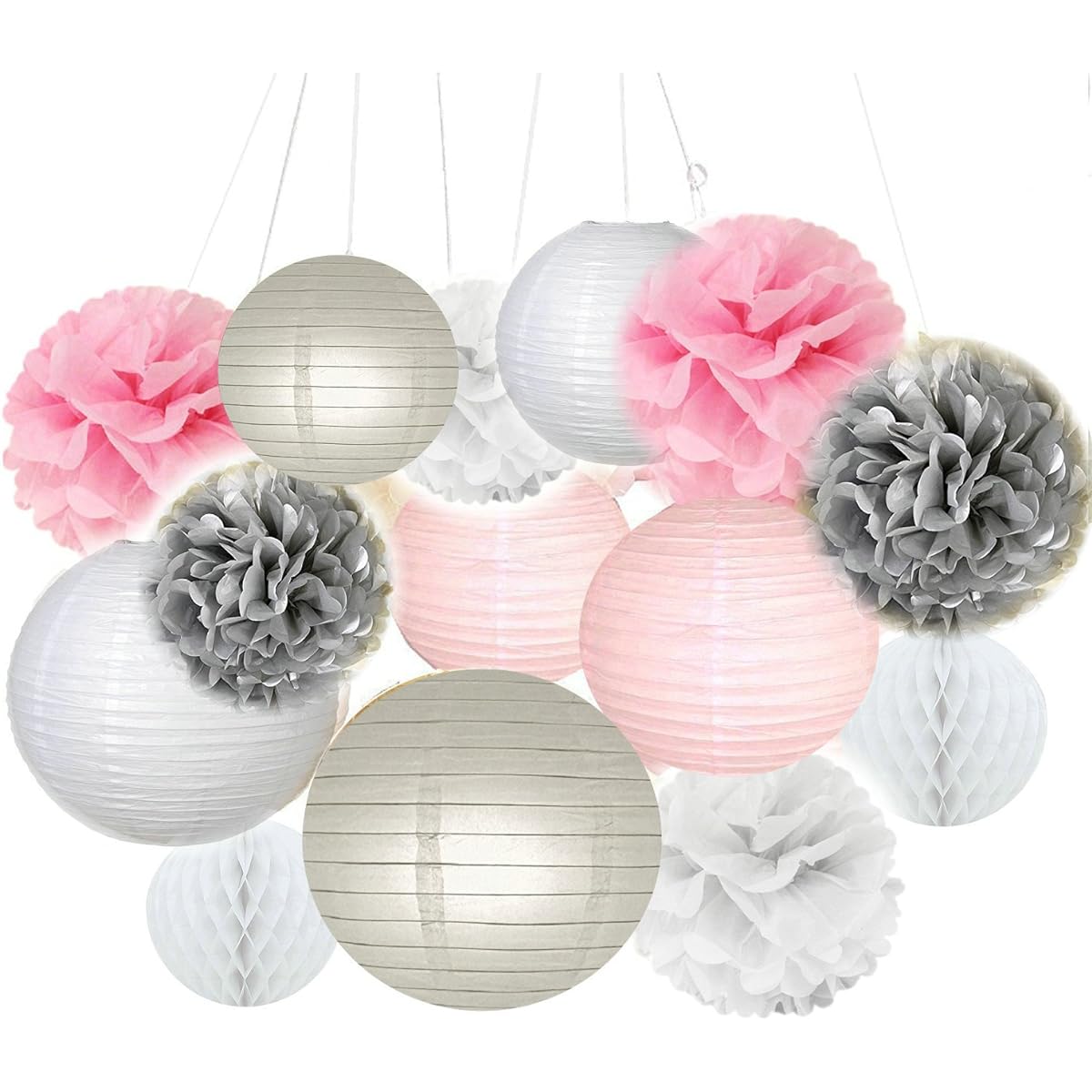 Fascola Decorations Honeycomb Balls Paper Lanterns & Tissue Paper Flowers - White, Pink & Gray (Pack of 14)