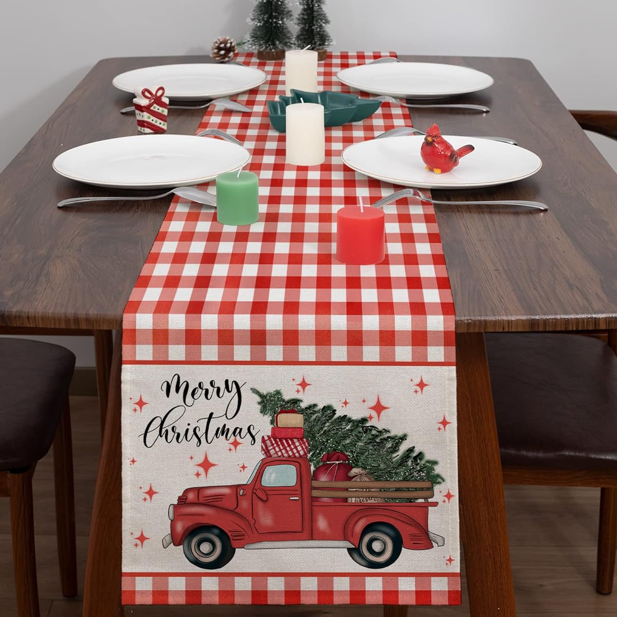 Merry Christmas Truck Table Runner Red Buffalo Plaid Table Runner 108" Long Kitchen Dining Table Decor Christmas Winter Holiday Party Indoor Outdoor Decor