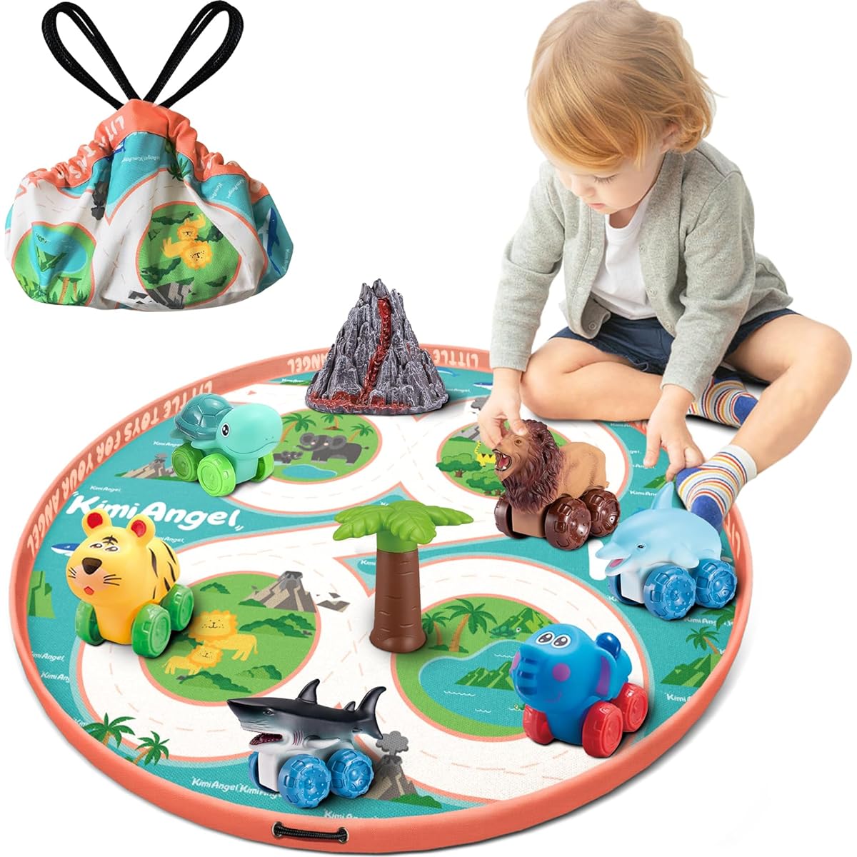 Kimiangel Soft Rubber Baby Toy Car with Play Mat Storage Bag, Cartoon Cars Animal Vehicles with Push and Go Wheels for Toddlers and Kids 18 Months and Up, Christmas & Birthday Gifts for Boys and Girls