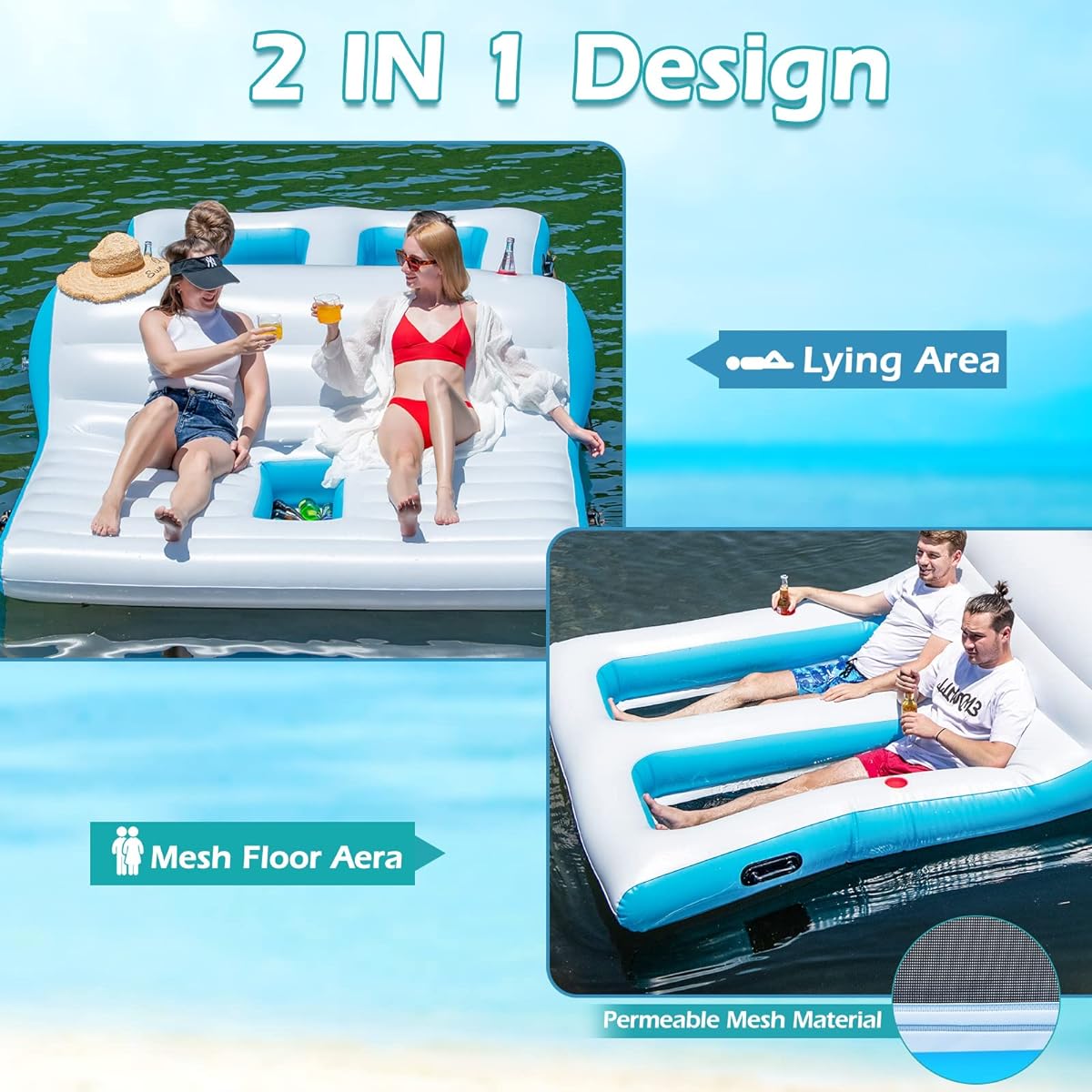 Goplus Inflatable Floating Island Giant 4-6 Person Lake Float Lounge Raft with Ergonomic Backrest and 4 Cup Holders 130W Inflatable Sunbathing Pool Float for Pool Beach Lake River 12ft x 6.5ft