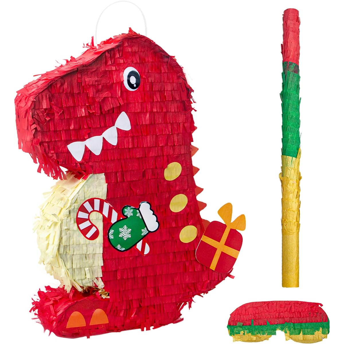 Christmas Red Dinosaur Pinata Bundle Blindfold & Bat Dinosaur Theme Birthday Party Supplies/Kids Carnival Decorations/Christmas Gift (16.5 x 13.5 x 3 inches)