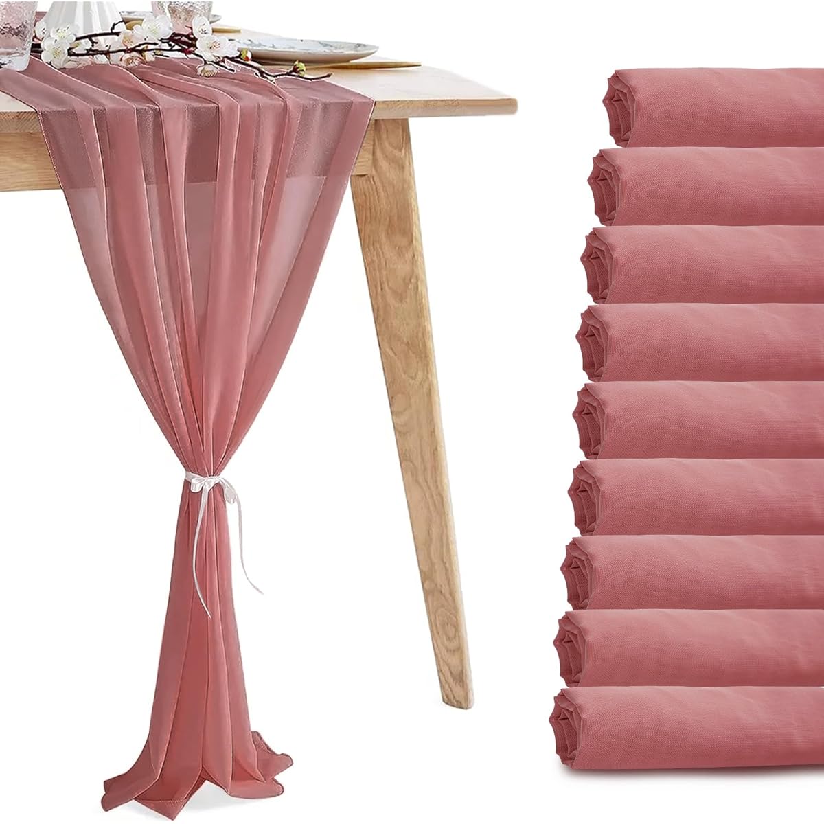 Dusty Rose Chiffon Table Runner 10ft Set of 10 Wedding Table Runner Sheer Romantic Tulle Table Runner for Christmas Wedding Bridal Tea Party Baby Shower Birthday Party Table Decoration (120 x 12 inches), T90030_10_30*300