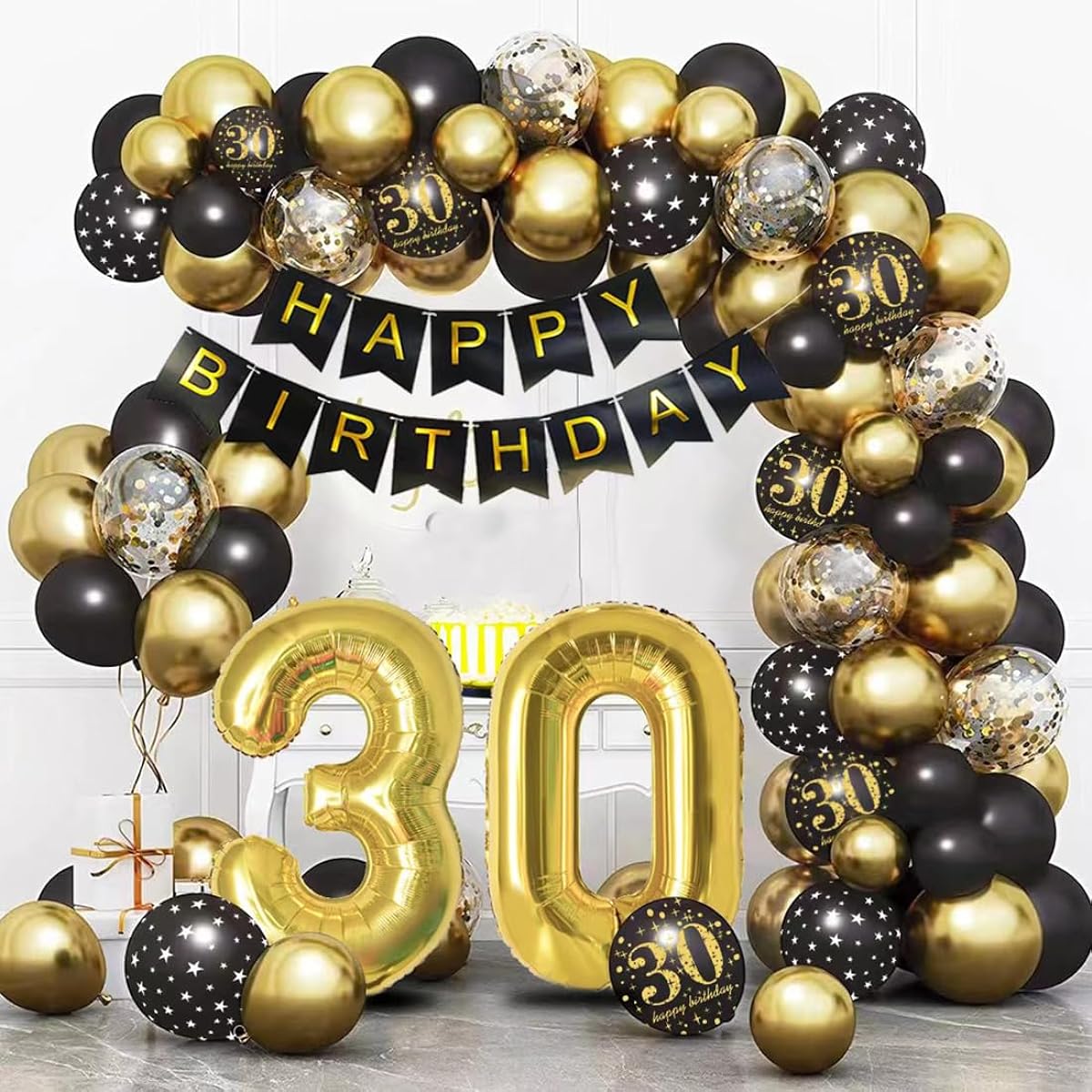 Birthday Decorations for Adults 79 Pieces Golden Metal and Black Balloons Golden Number Fall Balloons "Happy Birthday" Banner Balloon Chain Balloon Ribbon 30 Years Old