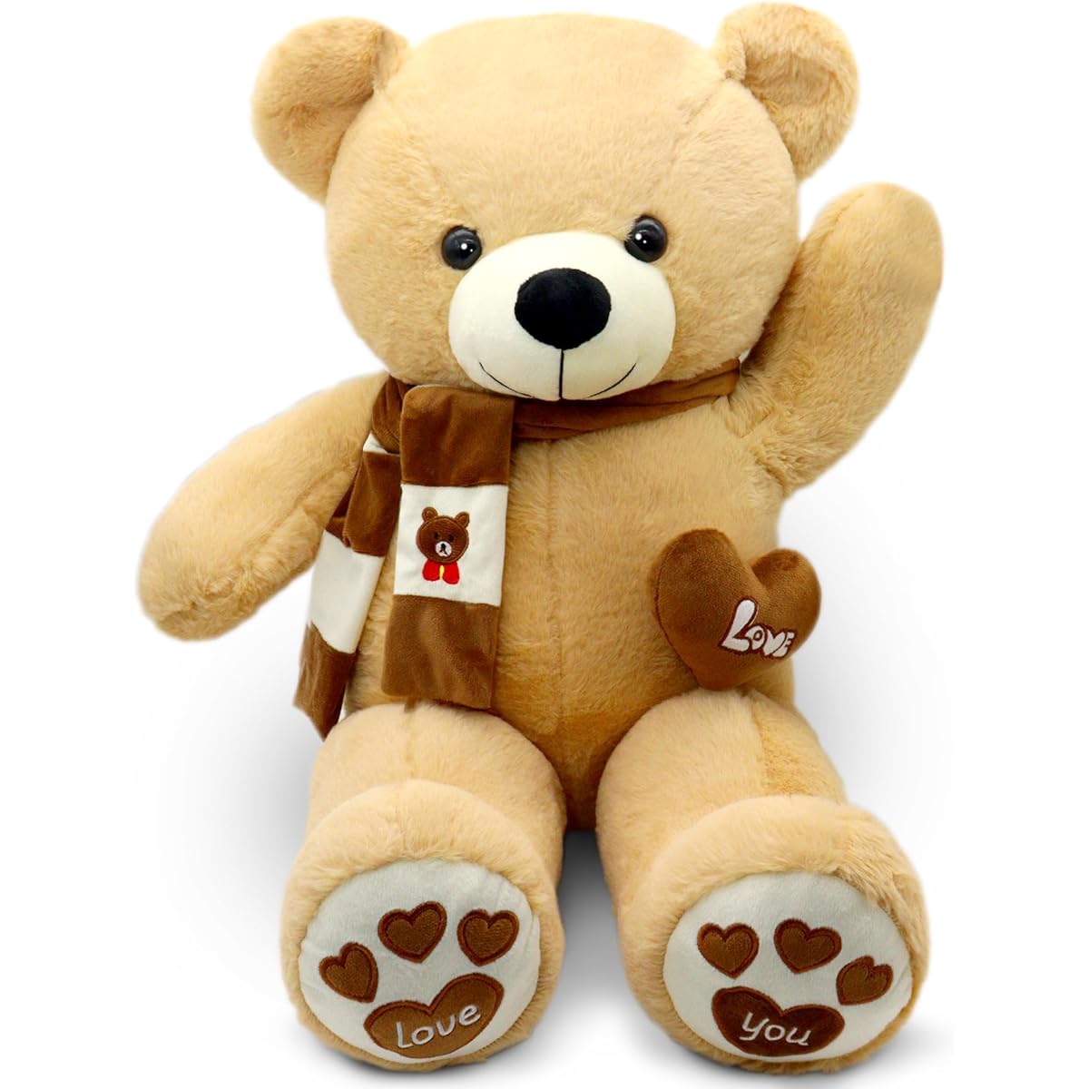 Gudisi Teddy Bear Plush Toy 31 Inch Giant Teddy Bear with Scarf and Love Heart Valentine's Day Gift for Kids Girlfriend Boyfriend, Light Brown
