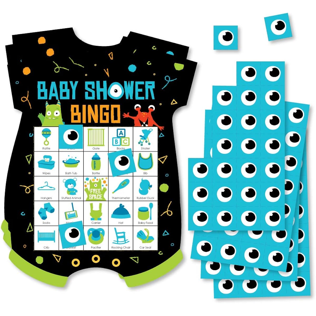 Big Dot of Happiness Monster Bash - Photo Bingo Cards and Markers - Little Monster Baby Shower Shape Bingo Game - Set of 18
