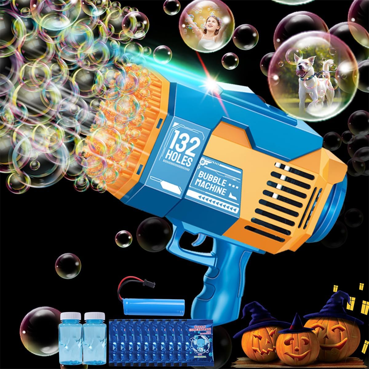 SHCKE Bubble Machine Gun with Colorful Lights, 132 Hole Bubble Machine, 2 Batteries & 8 Bottles of Bubble Water, Summer Outdoor Toys for Kids, Great for Christmas/Birthday Party/Wedding (Blue)