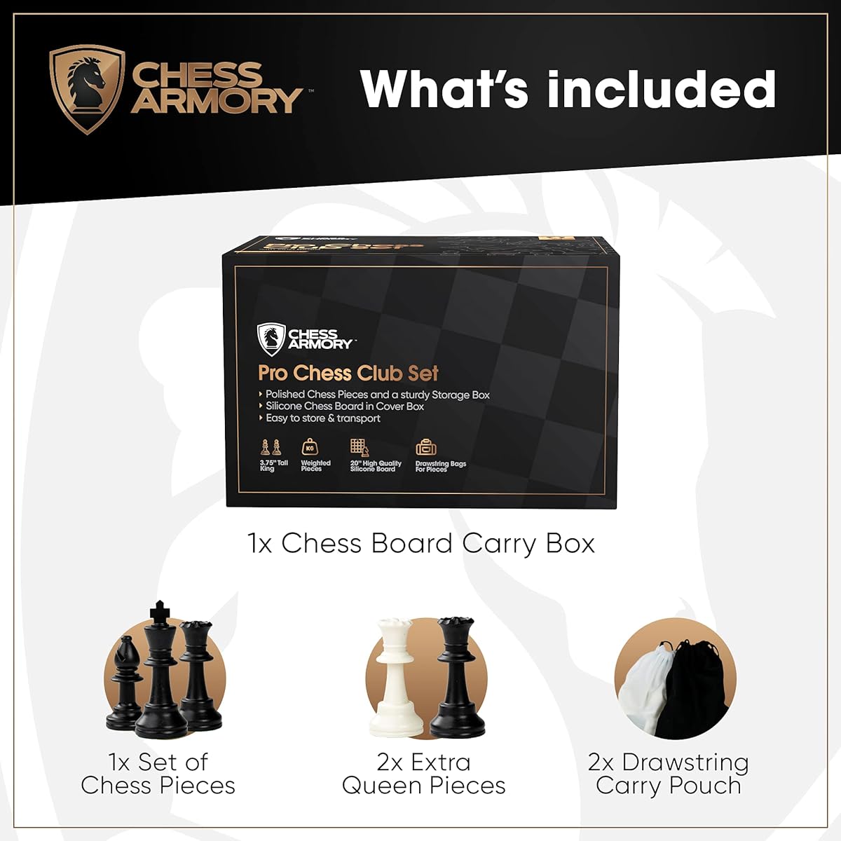 Chess Armory Deluxe Large Chess Set with Silicone 20" Chess Board - Mobile Tournament Chess Set with Felt Weighted Chess Pieces, 2 Extra Queens, 3.75" King