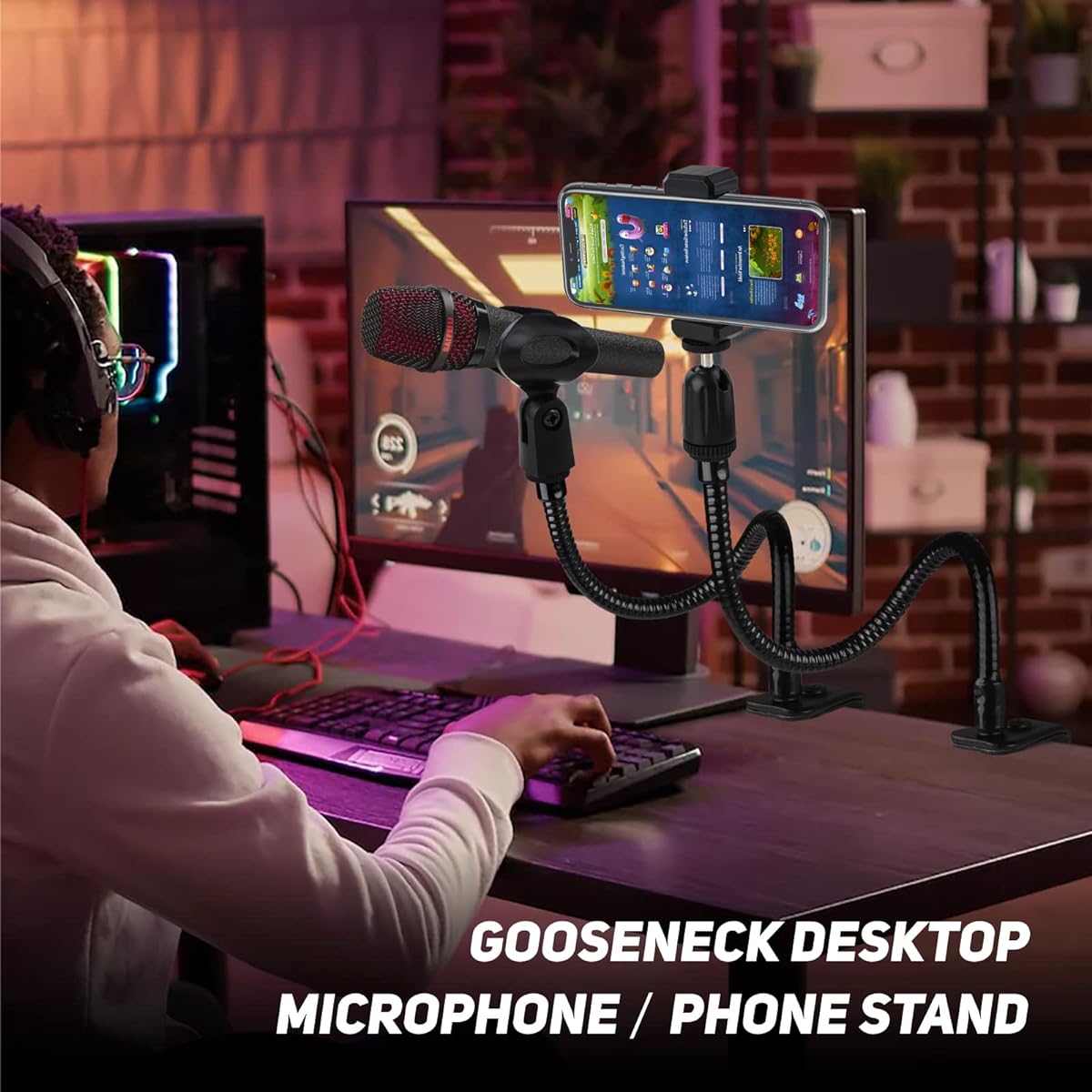 Desktop Microphone Stand 13" Flexible Gooseneck Mic Stand Desk Universal Microphone/Cell Phone Stand Holder with Heavy Duty Desk Clamp Mic Clip 3/8" to 5/8" Thread Adapter for Blue Yeti/Shure/Other Microphones