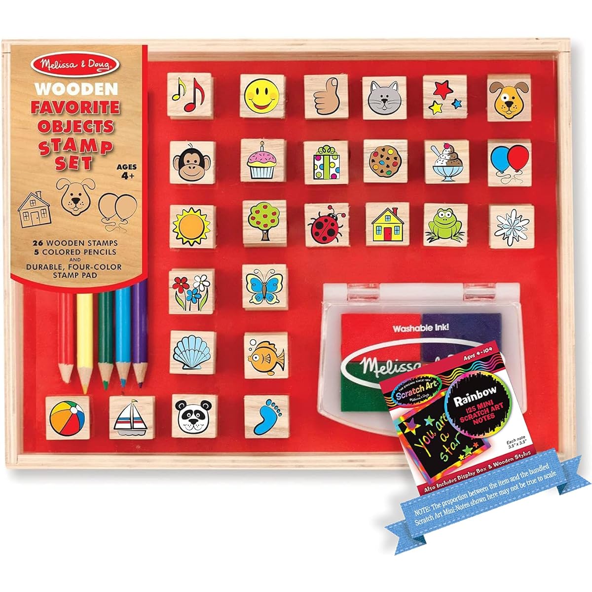 Melissa & Doug Favorite Things: Wooden Stamp Set & 1 Scratch Art Mini Pad Bundle (09362)