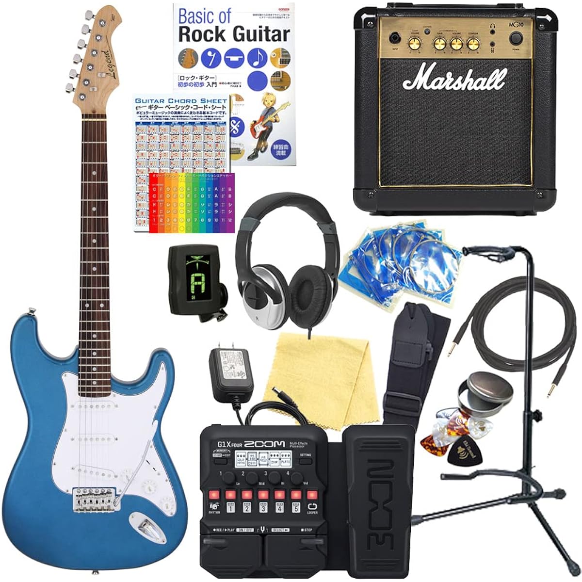 Electric guitar beginner set Stratocaster type 18-piece set with Marshall amp Legend LST-Z MBL [ZOOM G1XFour multi-effector included]
