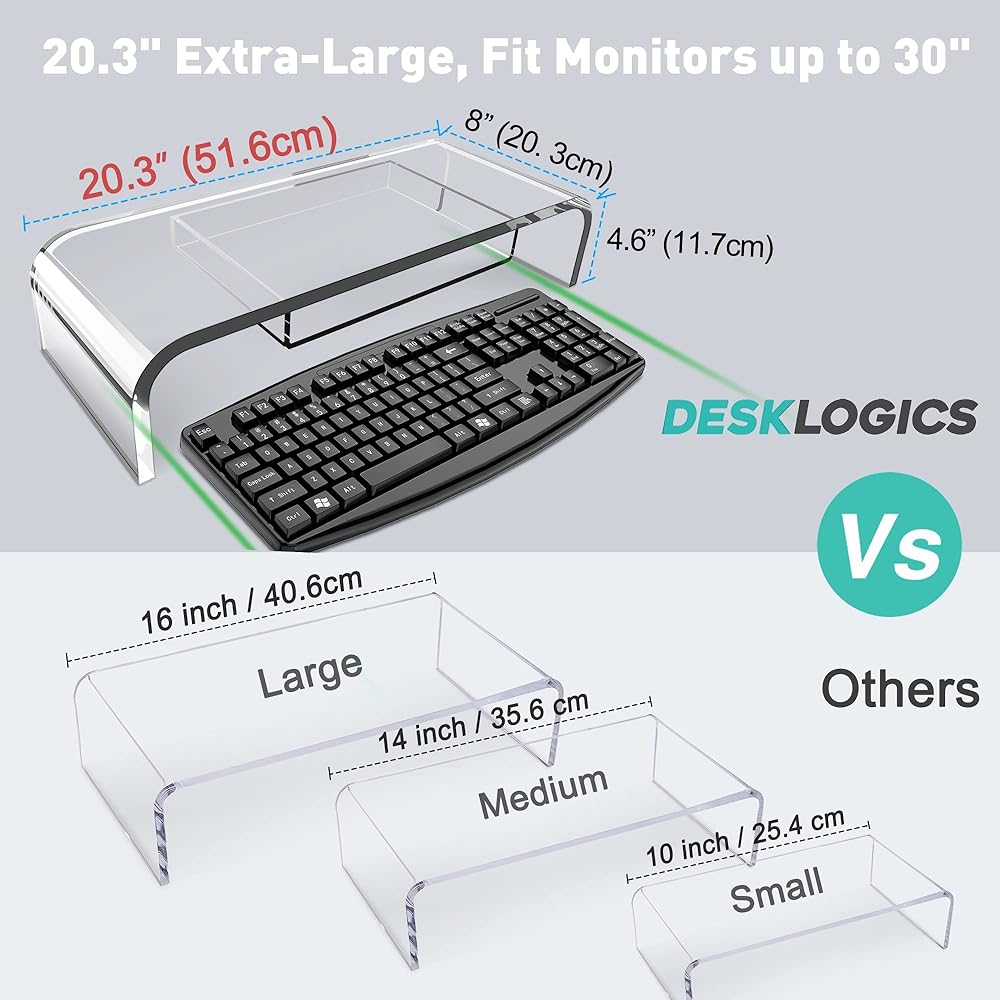 DeskLogics Computer Acrylic Monitor Stand Storage with Riser - Large Size Single Clear PC Desktop Monitor Holder for Desk, Keyboard Storage, Laptop, TV Screen, Home, Office, Gift Idea