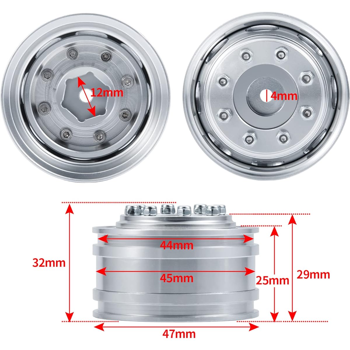 2pcs Metal Alloy Front Wheel Rim Hub for 1/14 Tamiya Trailer Tractor Truck RC Car Upgrade Parts
