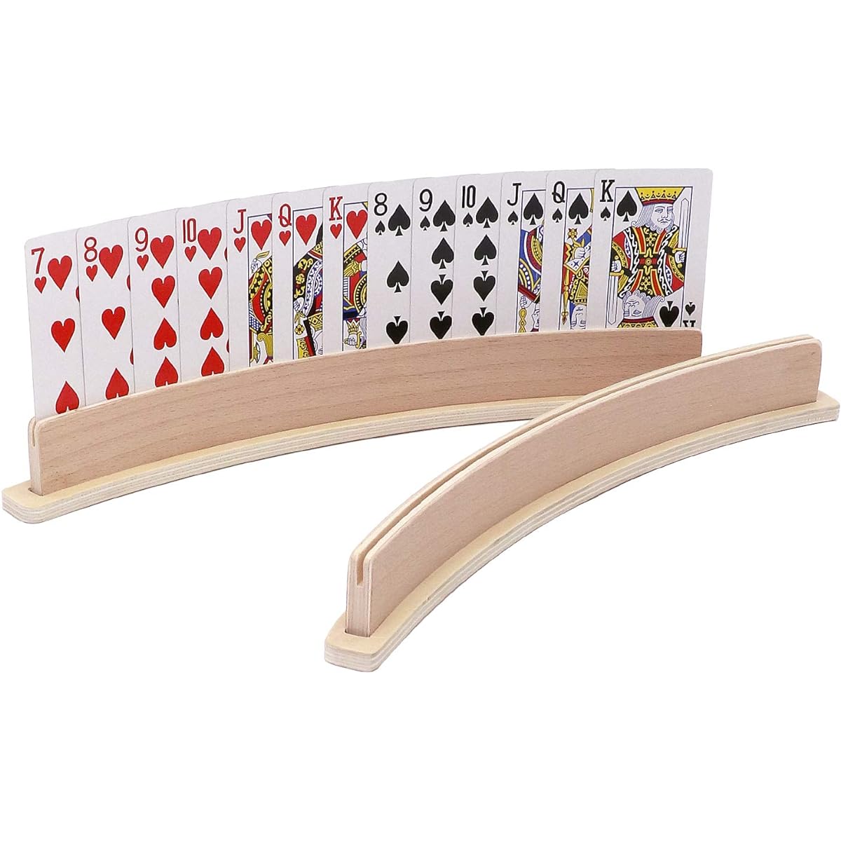 Exqline Wooden Curved Playing Card Holder Rack Tray Set of 4 for Kids, Seniors and Adults - 13.4" Wide Base Stable Enough for Canasta Bridge and Foot