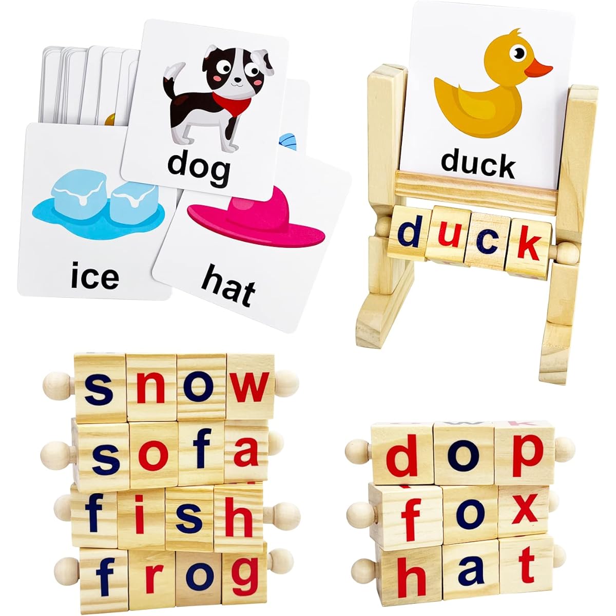 Celarlo Wooden Reading Blocks Spelling Game Flash Cards Rotating Letter Puzzle for Kids Sight Words Montessori Rotating Alphabet