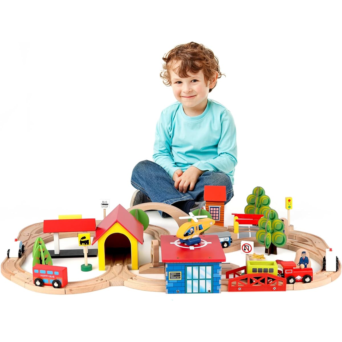 Qilay 69 Piece Wooden Train Set - Premium Wooden Train Track & Train Toys for 3 4 5 Year Old Toddlers Expandable Train Toys Railway Kit for Girls Boys Compatible with All Major Bands Train Track Set