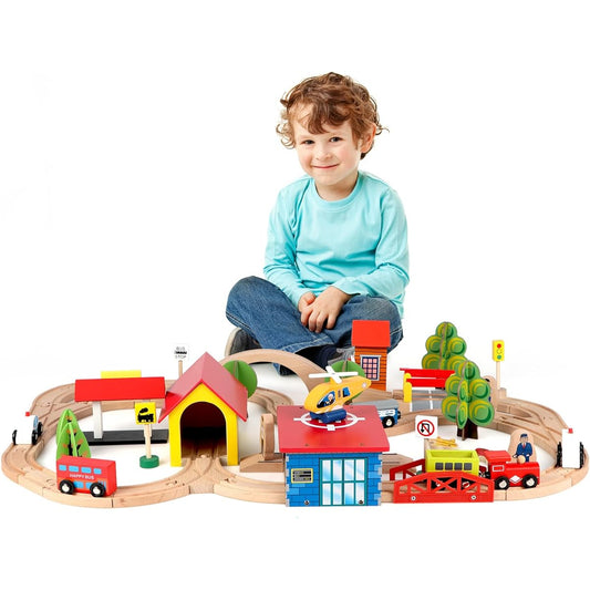 Qilay 69 Piece Wooden Train Set - Premium Wooden Train Track & Train Toys for 3 4 5 Year Old Toddlers Expandable Train Toys Railway Kit for Girls Boys Compatible with All Major Bands Train Track Set