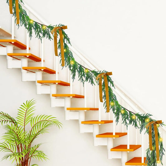 Wavyknot Real Feel Norfolk Pine Garland Faux Christmas Garland with Lights Artificial Pine Green Garland with Warm White LED Lights for Christmas Holiday Wedding Party Outdoor Decorations (15ft,1)