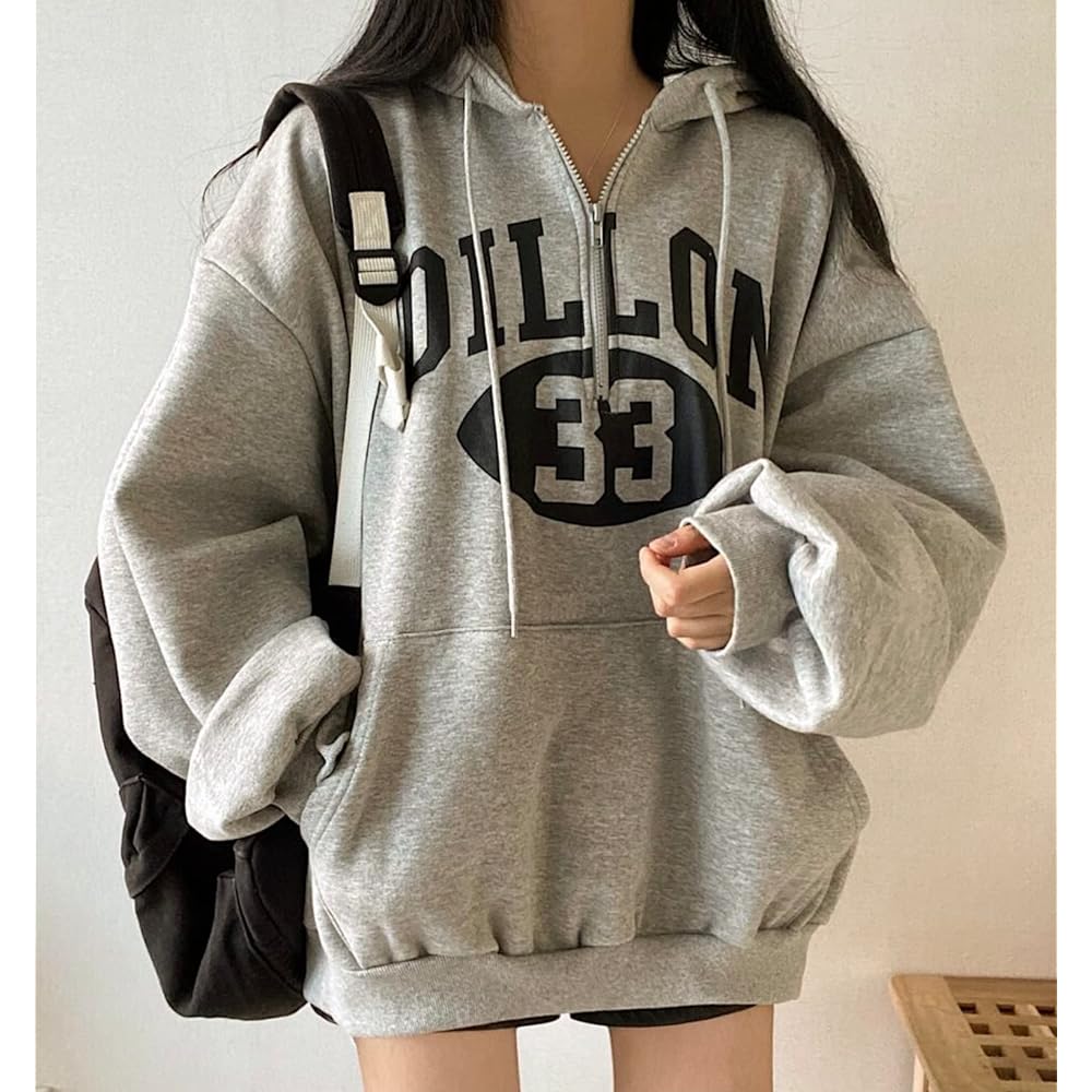 [Alhyla] Women's Hoodie, Loose Sweatshirt, Hooded Sweatshirt, Pullover Top, Half Zip Hoodie, Fleece Lining, Oversize, Korean Zip Up Hoodie, Street Style