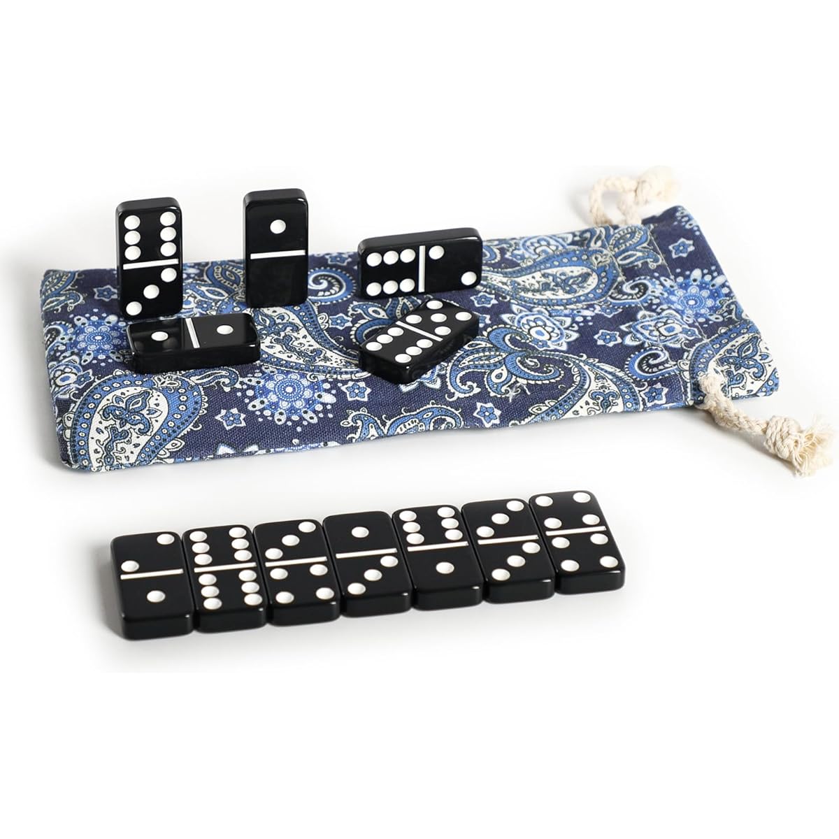 Domino Set for Adults Double 6 Domino & Tile Game 28 Large 2" Tiles Black with White Dots Paisley Canvas Bag English Instructions Family/Travel Board Game (2-4 Players)