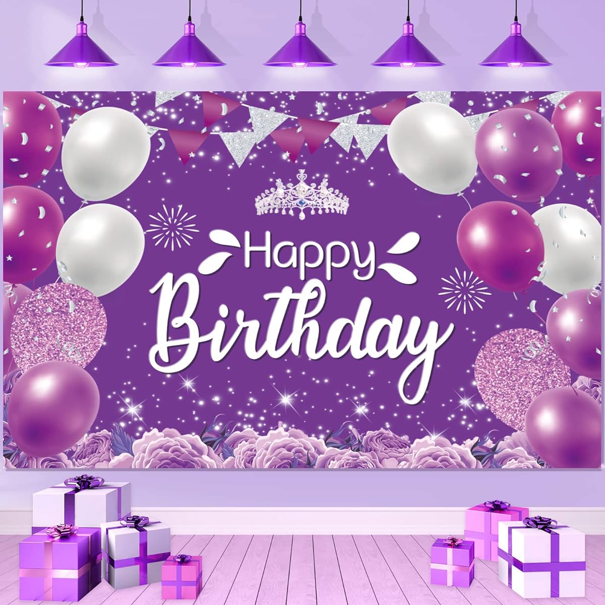 Purple Happy Birthday Backdrop Purple Silver Birthday Sign Purple Silver Birthday Party Banner Decoration Purple Silver Birthday Party Backdrop for Women Girls Birthday Party Celebration (7x5ft)
