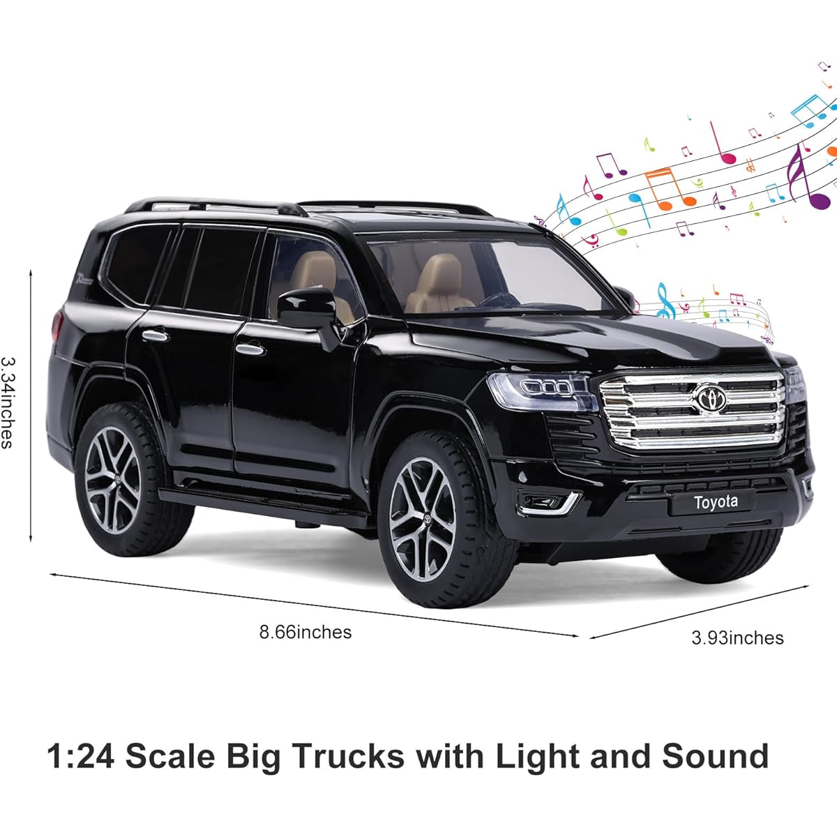SASBSC Toy Car Land Cruiser Model Car with Lights and Sounds Big Diecast Metal Car Toy for Boys Ages 3 and Up Collectible Pull Back Car for Kids Birthday Gift (Black)