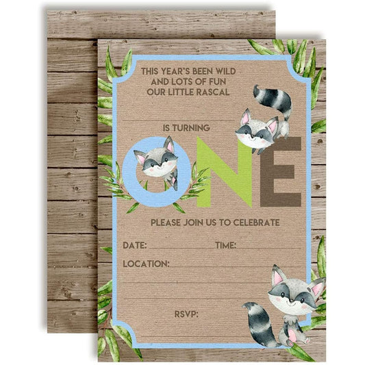 AmandaCreation Little Rascal Cute Raccoon 1st Birthday Party Invitation 5"x7" Card Includes 20 White Envelopes