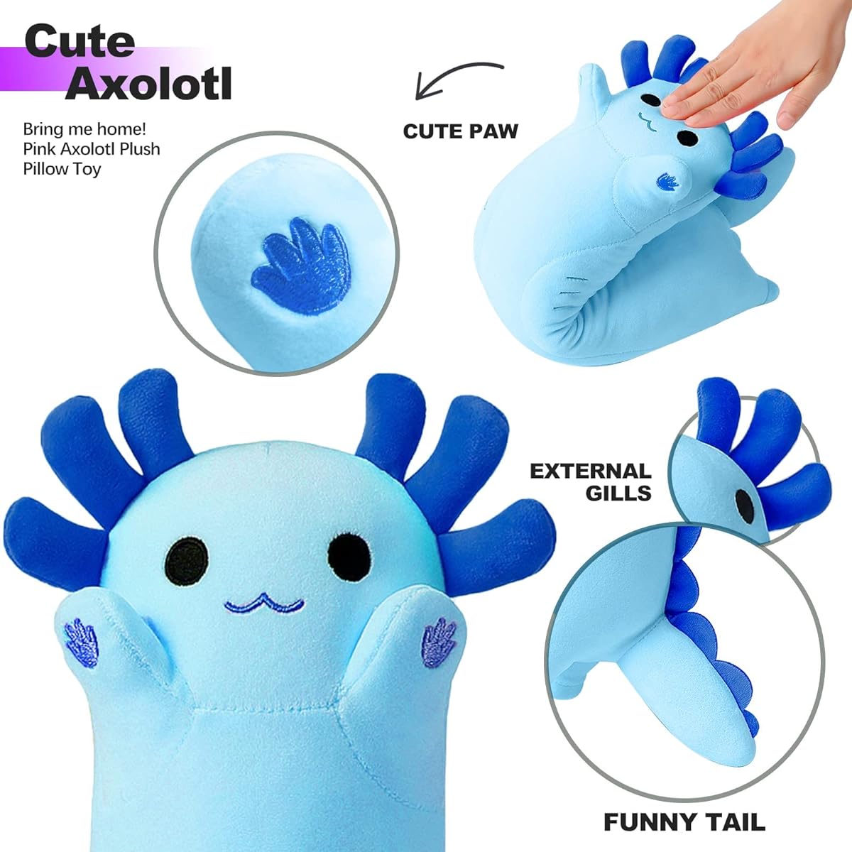 PEACH CAT Blue Long Axolotl Stuffed Animal Cute Axolotl Plush Toy for Girls and Boys 36 Inch