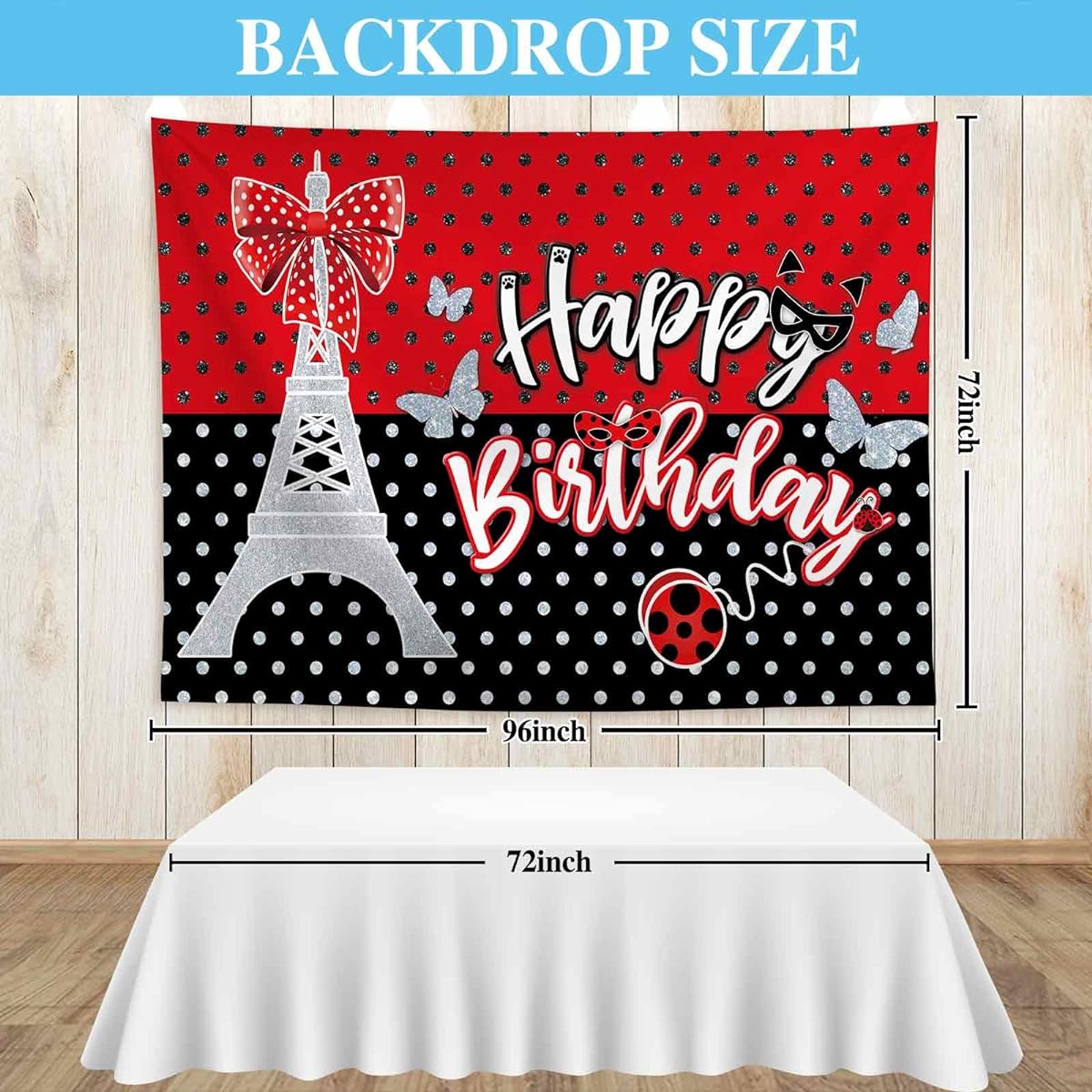Allenjoy 96" x 72" Ladybug Birthday Backdrop Red and Black Glitter Party Supplies Decorations for Photoshoot Baby Girls Kids Birthday Banner Eiffel Tower Bow Decor Background Photo Booth Props