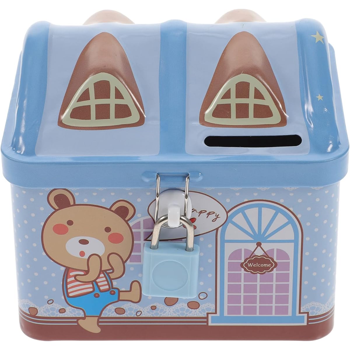 Toyvian Piggy Bank Cartoon House Money Box Iron Metal Coin Bank for Kids with Lock Savings Container Cash Holder for Boys Girls Holiday Birthday Blue