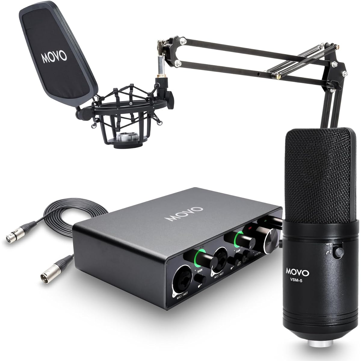 Movo VSM-5 Large Diaphragm Professional Condenser Microphone Kit with MDX-1 2x2 Audio Interface and Articulating Scissor Arm Mic Stand Podcast Equipment Set for YouTube, Podcasts, Streaming