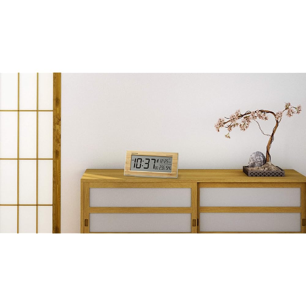 RHYTHM Alarm Clock Radio Clock Made of Natural Bamboo Material (Bamboo Board Pasted) Temperature Humidity Calendar 10x21.8x5cm 8RZ212SR06